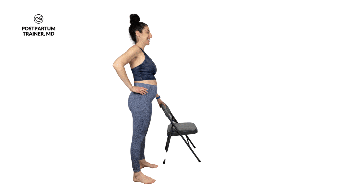 pregnant woman performing modified hip hinges using a chair
