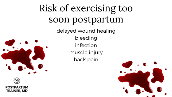 risks of exercising too soon postpartum: delayed wound healing, bleeding, infection, muscle injury, back pain