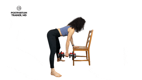 brittany bent-over on a chair rowing a dumbbell up toward her abdomen