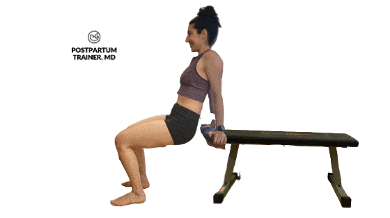 brittany doing chair-dips with her hands behind her on a bench with her knees bent and feet flat on the floor