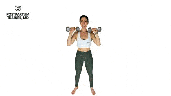 brittany squatting with two dumbbells at her shoulders and then pressing the dumbbells overhead 