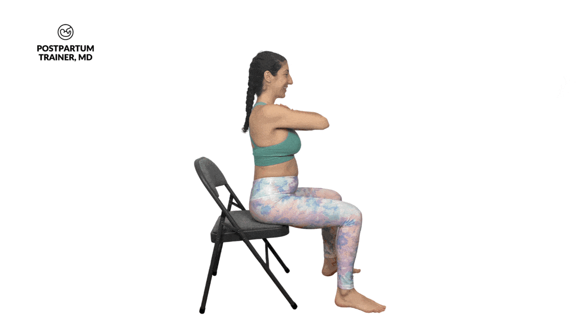 pregnant woman doing seated lean backs in a chair