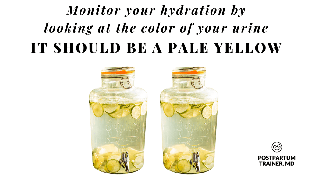 Picture of water jars saying " monitor 
 your hydration by looking at the color of your urine- it should be pale yellow"