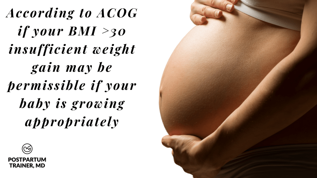 Image of a pregnant woman with the words "according to ACOG if your BMI >30 insufficient weight gain may be permissible if your baby is growing appropriately