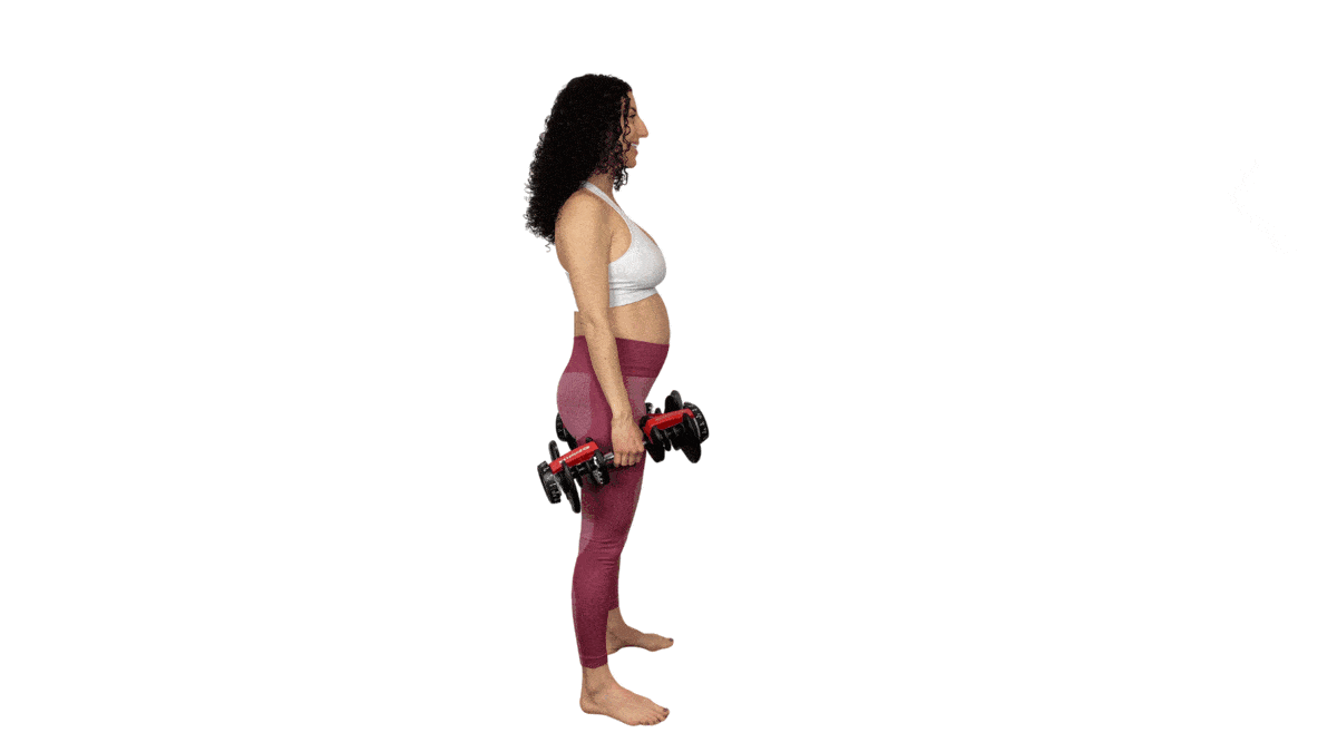 Pregnant woman performing romanian deadlifts using dumbbells