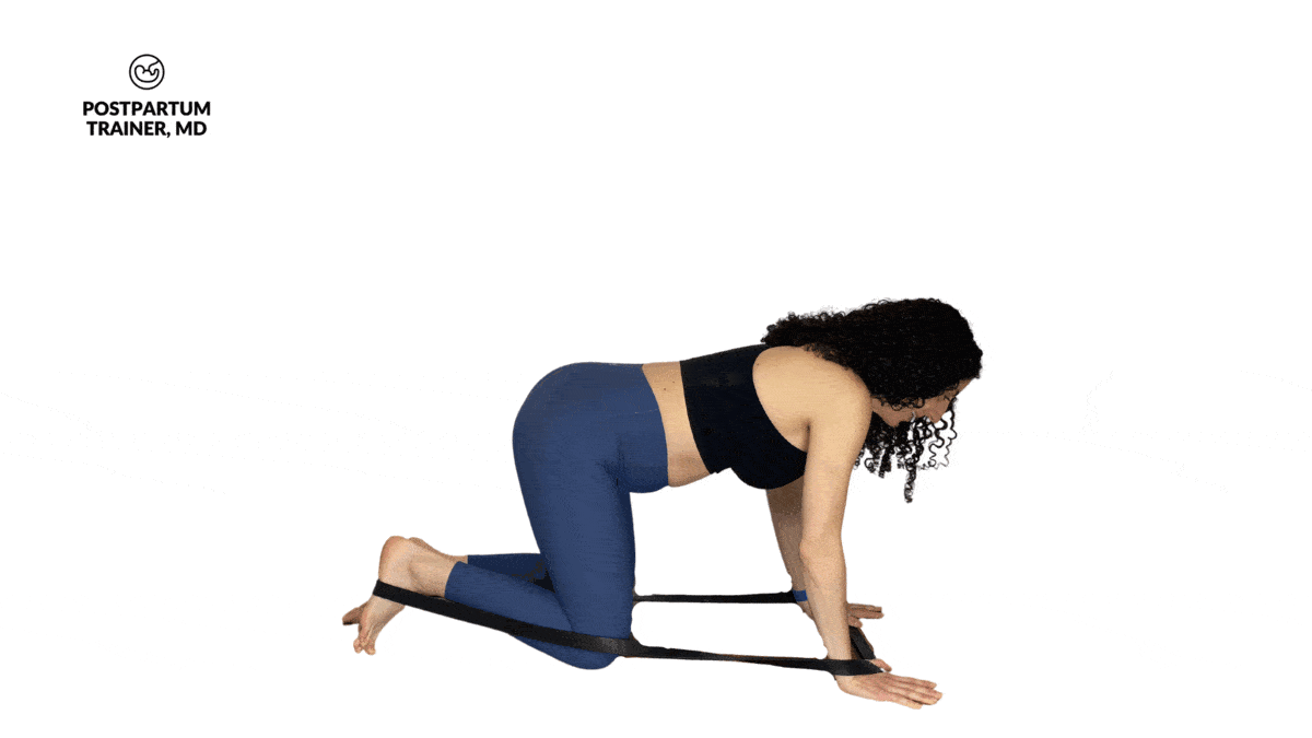 pregnant woman doing banded hip extensions from a quadruped position