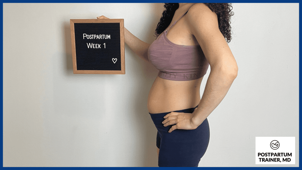Britany holding up sign at 1 week postpartum