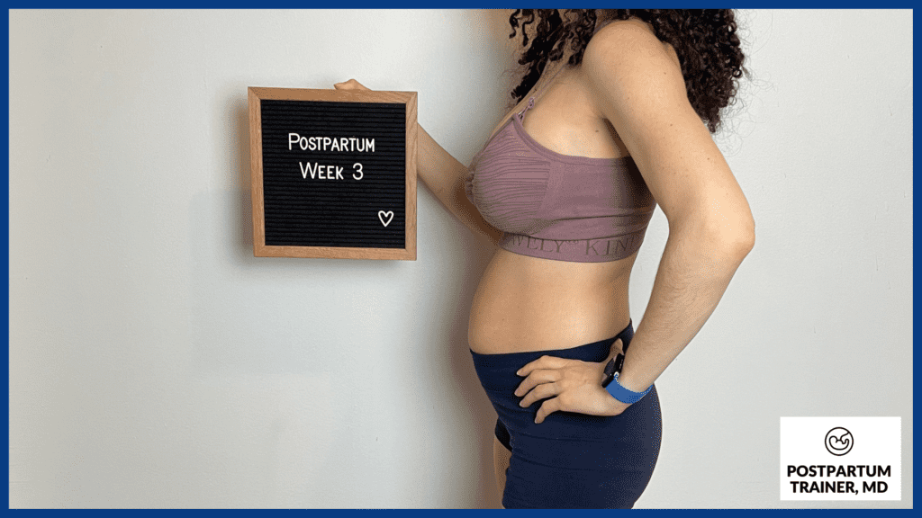 brittany holding sign that says postpartum week 3