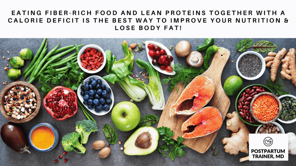 image of healthy food with the words: Eating fiber-rich food and lean proteins Together with a calorie Deficit is the best way to Improve Your Nutrition & Lose Body Fat!